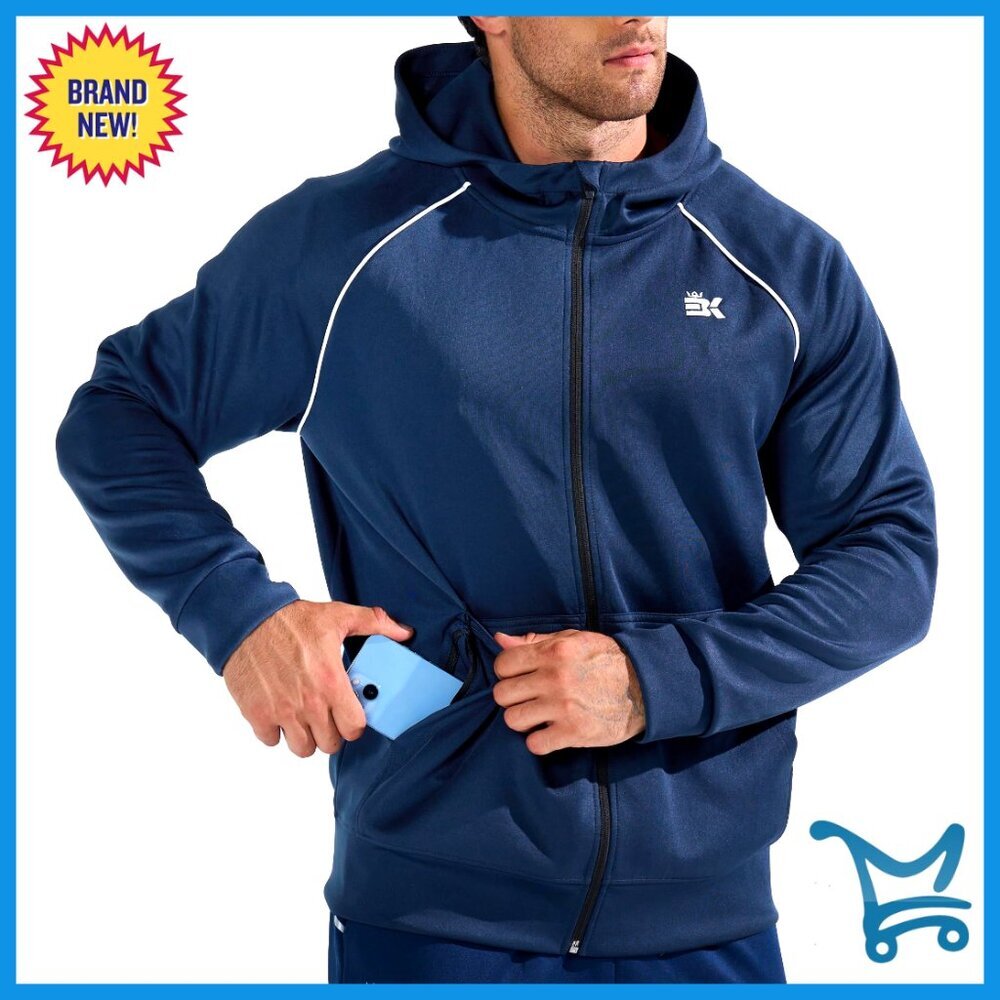 Men's Stripe Running Jacket with Zipper Pocket Windbreaker Hoodie